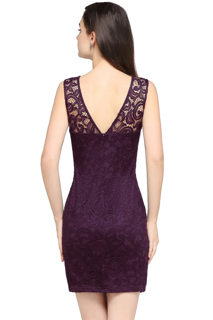 Purple Illusion Lace Cocktail Dress Elegant Women Sexy Backless Tight Mini O Neck Blue Evening Party Prom Gown Vestido De Gala