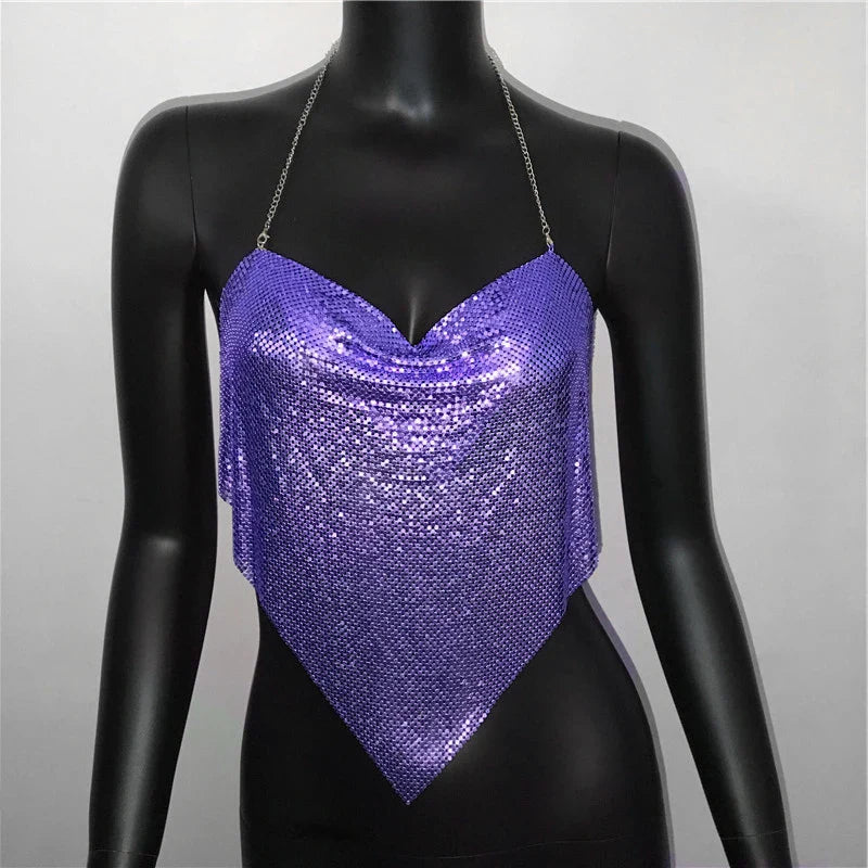 Women Solid Sequined Metal Camis Top 2025 Sexy Halter Backless V Strappy Party Nightclub Vest Cropped Tops
