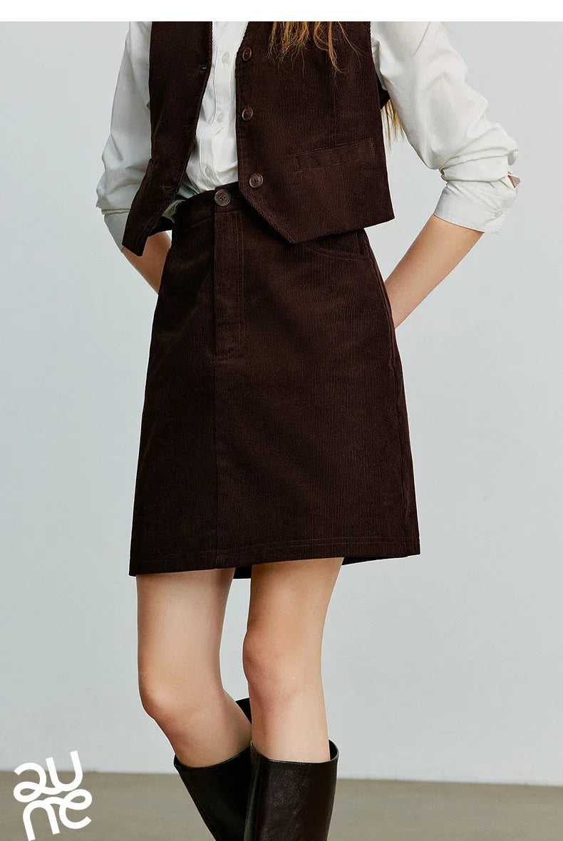 Women Midi Skirt 2025 Autumn New Retro Corduroy Elastic Waist Pure Cotton A Line Mini Skirt
