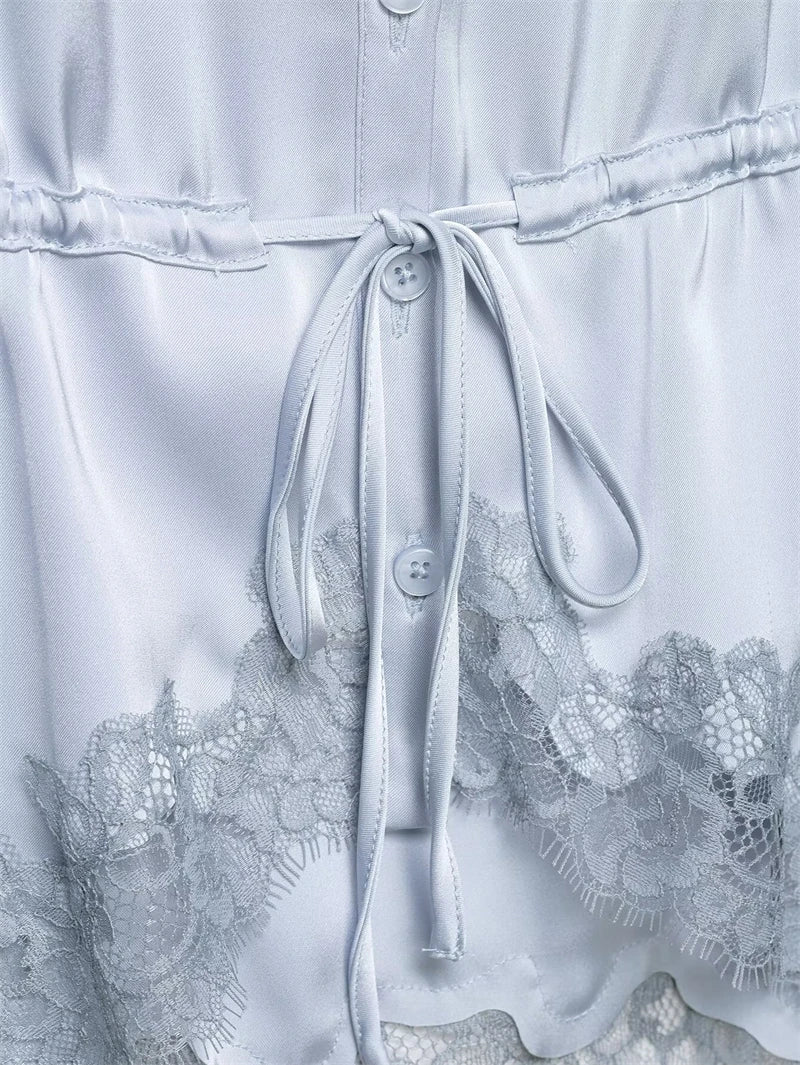 Women's Top 2026 New Spring Summer Lace Decoration Satin Textured Top for Women Chic Personality Female Spaghetti Strap Top