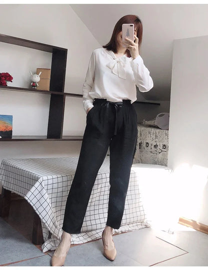 Women Long Pants 100% Mulberry Silk Belted Waist Trousers With Pockets Black Color Office Lady M0609