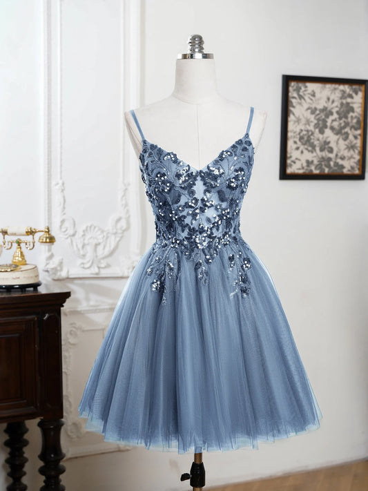 Mini Cocktail Dress Sequin Appliques V-Neck Backless Spaghetti Strap Gowns Pleated Tulle A-Line Homecoming Dresses