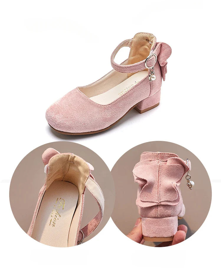 Little Girls Leather Shoes High Heel Baby Girls Party Shoes Bowknot Kid High Heel Shoes for 2023 Spring Princess Pink Shoes PU