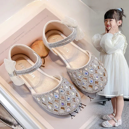 Girls Sandals Shiny Crystal Ins Trendy 2026 Summer New Kids Princess Shoes Mesh Lace Bows Girls Dance Shoes Elegant Hollowed-out