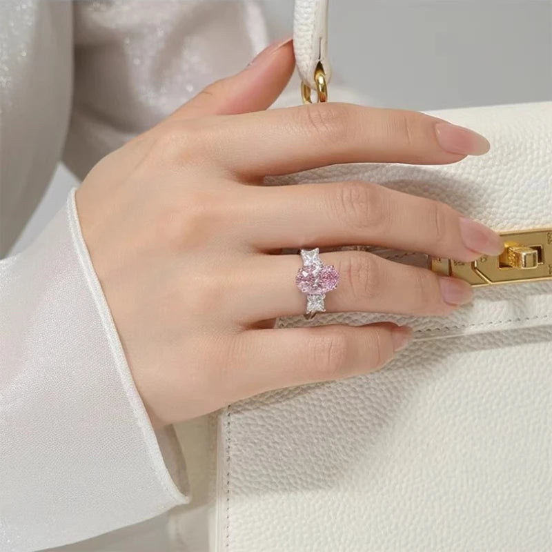 S925 Silver Ring 8 * 12mm Elliptical Zircon Powder Ice Flower Cut Ring Sweet Wind Jewelry