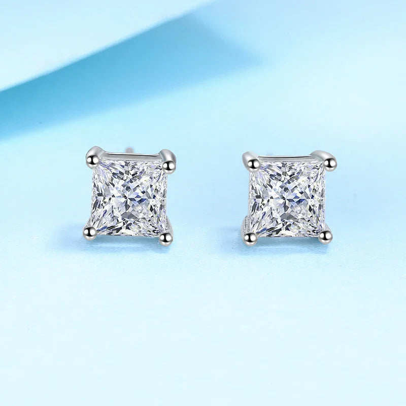 1ct 2ct Princess Cut Moissanite Earrings s925 Sterling Silver Plated with White Gold Plated Ear Studs for Women Jewelry