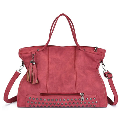 Vintage Designer Luxury Women Tote Bag Casual Lage Capacity Handbags Fashion Rivet Tassel PU Leather Female Shoulder Bag