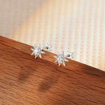 S925 Sterling Silver Starburst Stud Earrings for Women Moissanite Sparkle Star Ear Studs Engagement Party Gift Jewelry