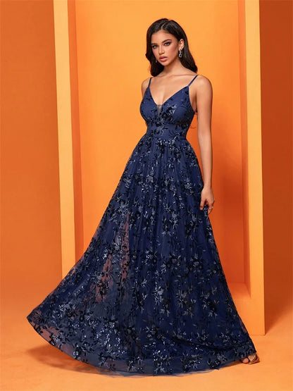 Elegant Sequins Sexy Backless Evening Dress For Women Deep V-neck Prom Party  Dress Floor Length Blue Formal Gowns