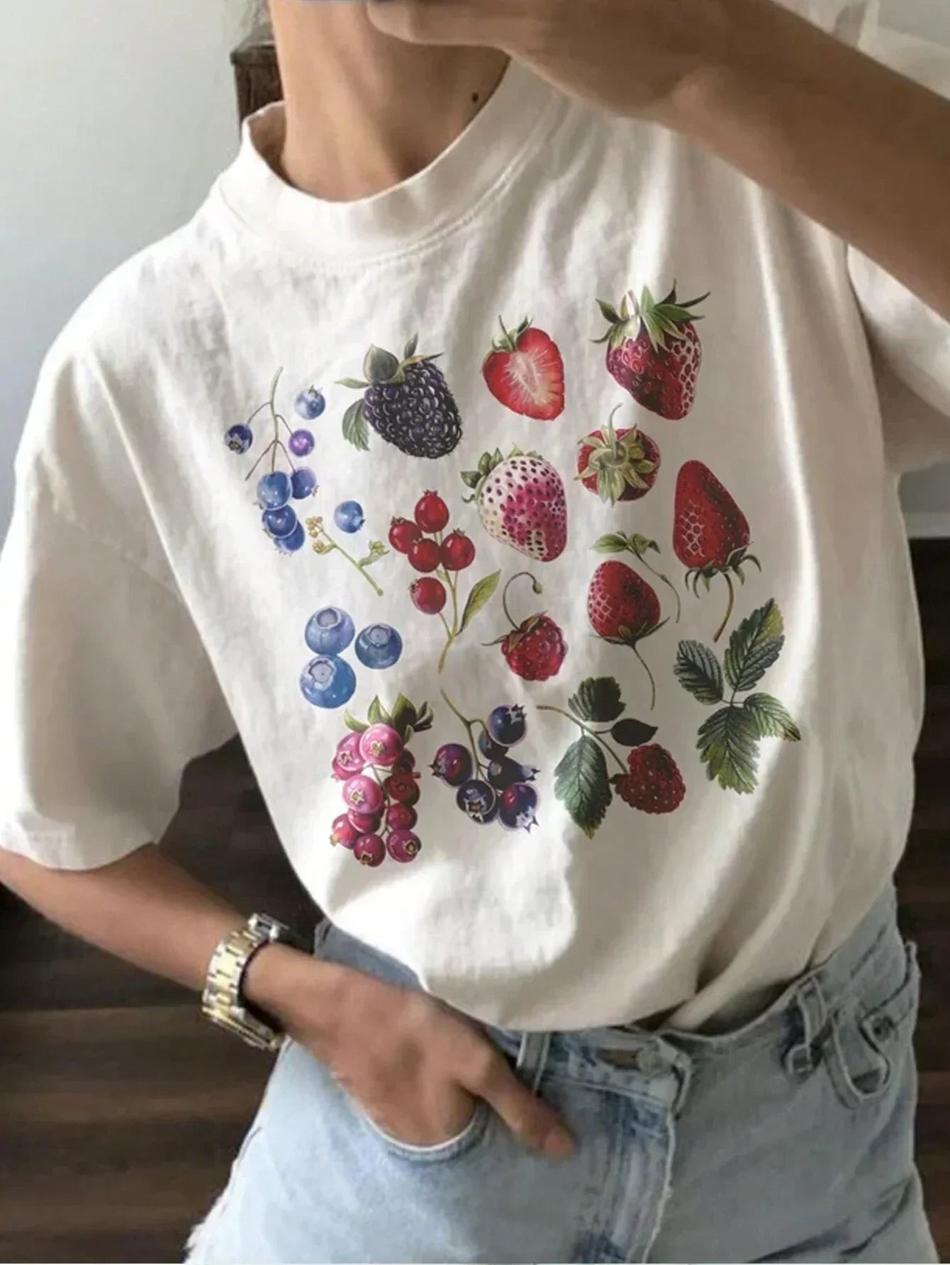 American Ins Aesthetic Fruit Berry Species Pattern T-shirt Fashionable Fruit Lovers Personality Cute Y2K Streetwear Niche Tops