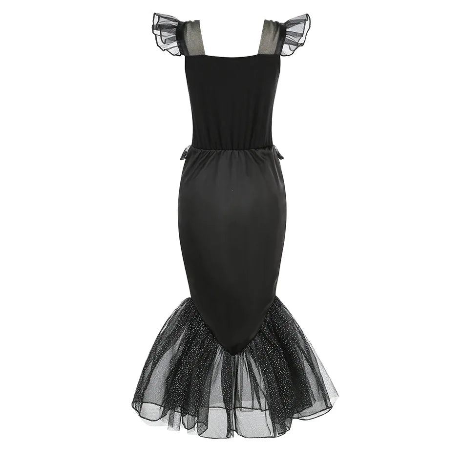 Fantasia de Esqueleto de Sereia Horripilante para Meninas Pequenas Halloween Princesa Gótica Vestido Trompete Ariel Negra Sereia Cosplay Vestido Roupa