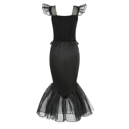 Fantasia de Esqueleto de Sereia Horripilante para Meninas Pequenas Halloween Princesa Gótica Vestido Trompete Ariel Negra Sereia Cosplay Vestido Roupa