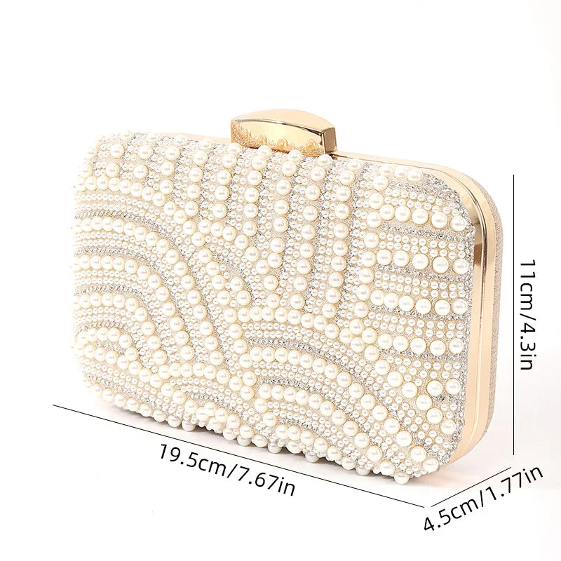 Ladies Pearl Elegant Evening Bag Fashionable Stylish Beading Wedding Dinner Party Banquet  Dress Clutch Bag with Long Chain