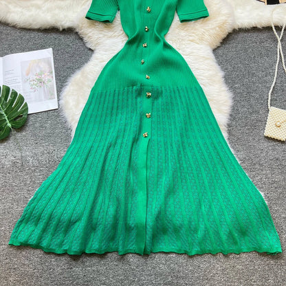Fashion Vintage Turn-down Collar Knit Maxi Dress Elegant Single-breasted A-line Long Shirt Dress Lady Vestidos