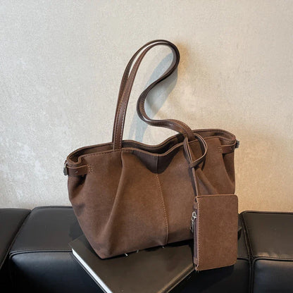 Suede Shoulder Bags for Women Large Suede Totes Lightweight Underarm Bag Casual Shopper Handbag Solid Color Travel Bucket Bags