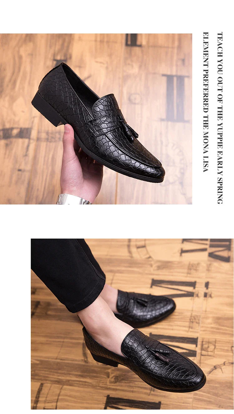 Mens British Loafers Solid Color Pointed Toe Tassel Slip On Classic Fashion Business Casual Formal Wedding Dress Shoes for Men