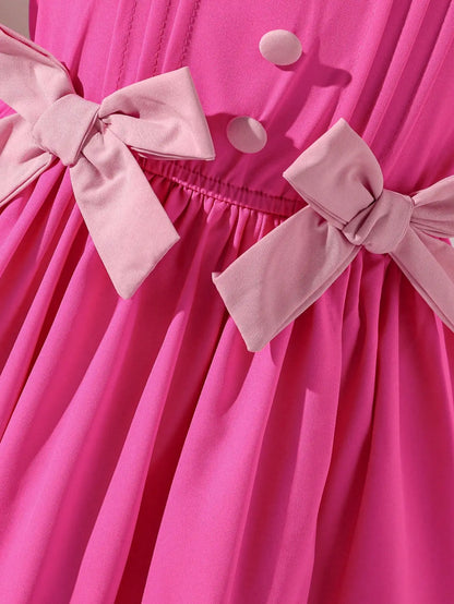 Little Girl's Romantic and Elegant Ladylike Rose-Red Princess-Style Dress, Decorated with Bows, Stylish Puff Sleeves, Suitable for Birthday Parties, Holiday Events, and Photography. Suitable for Little Girls Aged 4-7,