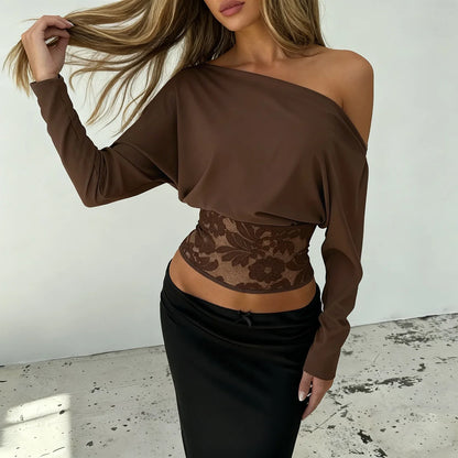 Elegant Off-Shoulder Lace-Trimmed Waist-Defining Top Retro Streetwear Solid Long-Sleeve T-Shirt For Women Spring-Summer