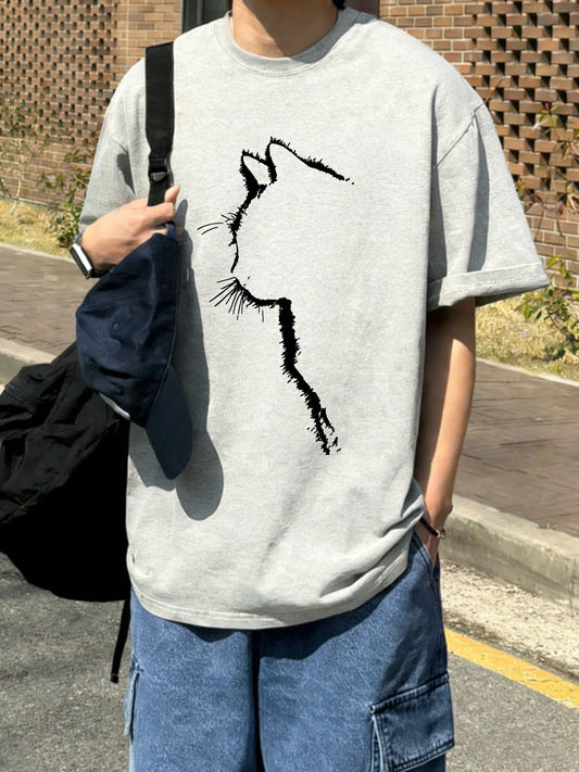Cute cat silhouette Mens T Shirts Summer Cotton Fashion T-Shirt Oversized Loose Short Sleeve Crewneck Tee Clothes Vintage