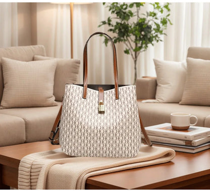 Exquisite Monogram Tote Bag Padlock Accent Quality Shoulder Straps Fine Stitching Spacious Daily Commute Travel Essential