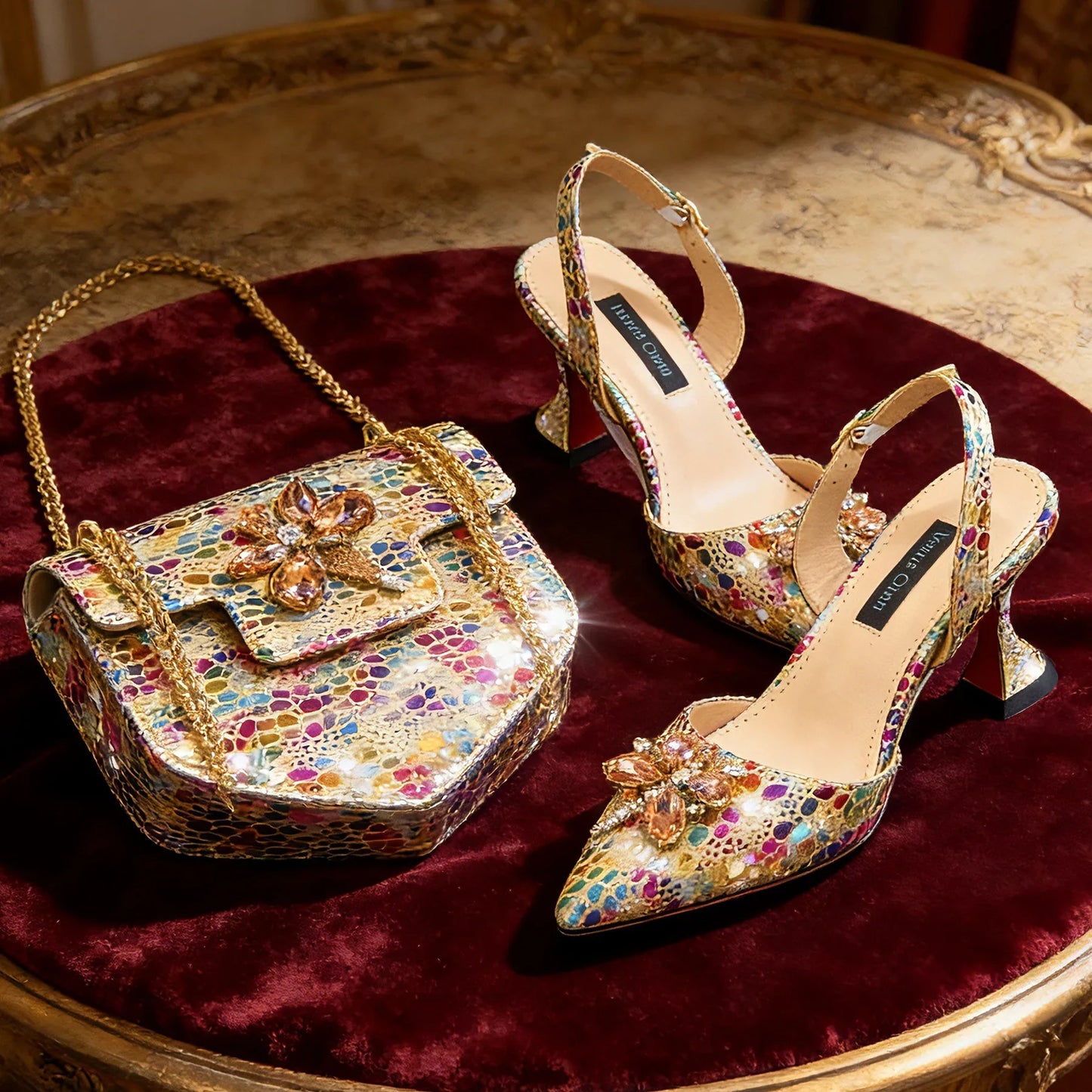 2026 Gold Color Thin Heels Pointed Toe Crystal Design Ladies Shoes Matching Bag Set For Women Weeding Party Pump