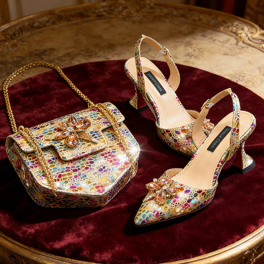 2026 Gold Color Thin Heels Pointed Toe Crystal Design Ladies Shoes Matching Bag Set For Women Weeding Party Pump