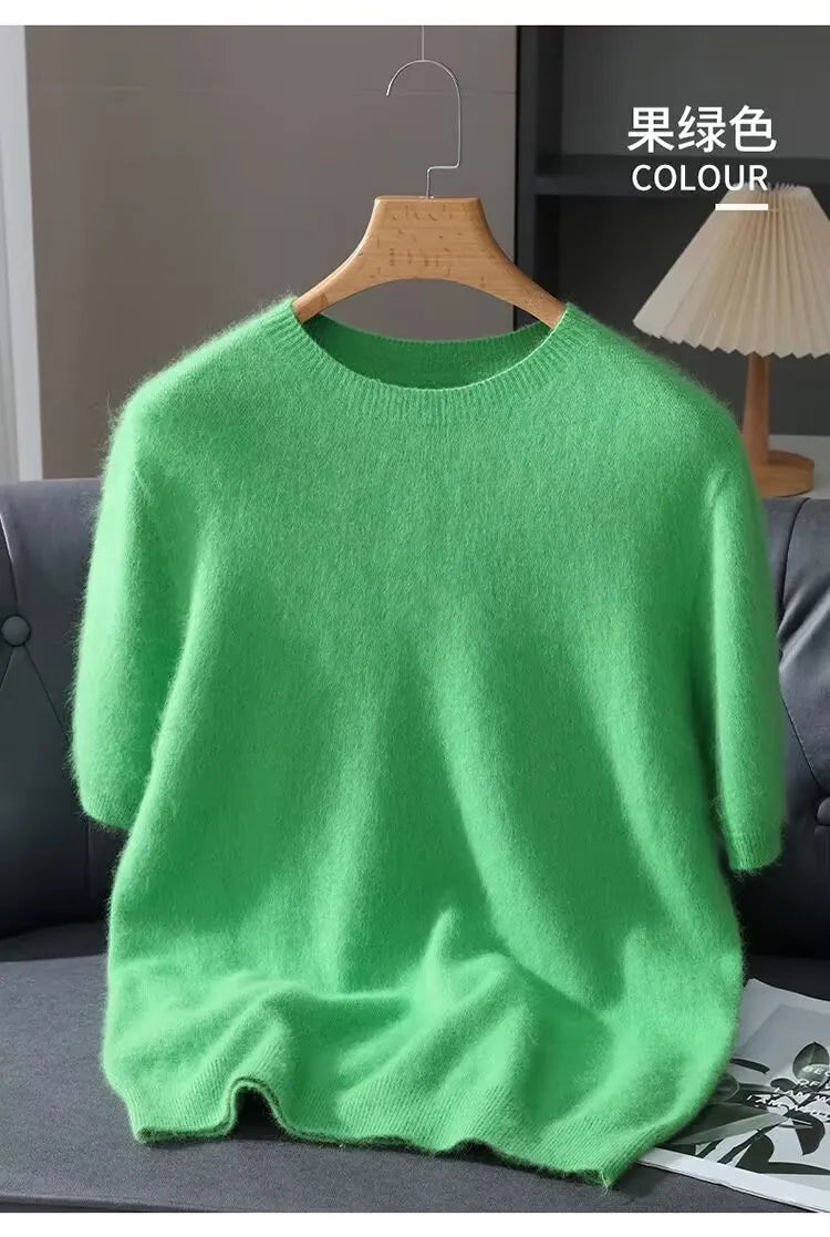 Men's Sweater Pullover Short Sleeved Summer Mink Knit Sweater Loose Round Neck Solid Color Half Sleeved Simple T-Shirt Casualtop