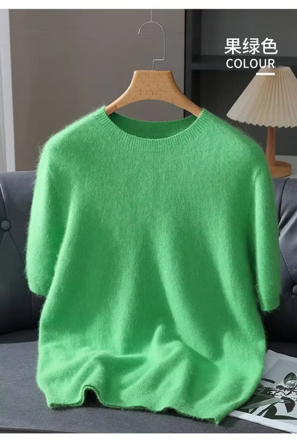 Men's Sweater Pullover Short Sleeved Summer Mink Knit Sweater Loose Round Neck Solid Color Half Sleeved Simple T-Shirt Casualtop