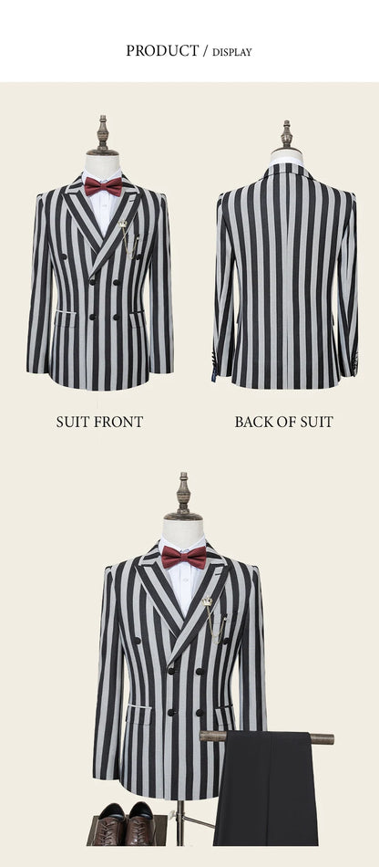 Party outfit Fashion red and black striped evening gown Double Breasted Slim Fit luxury man jacket tuxedo Men's Suit