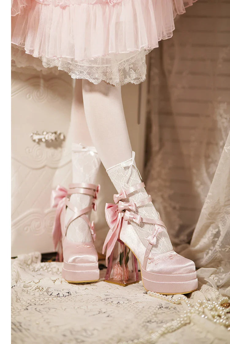 Original Lolita Red High Heels Women's Sweet Elegant Bow Velvet Mary Jane Shoes Ladies Birthday Party Cos Platform Shoes Spring