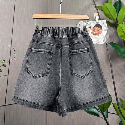 L-6XL Plus Size Denim Shorts For Women Summer 2025 High Waist Black Loose Wide Leg Short Jeans Women Star Large Size Short Jeans