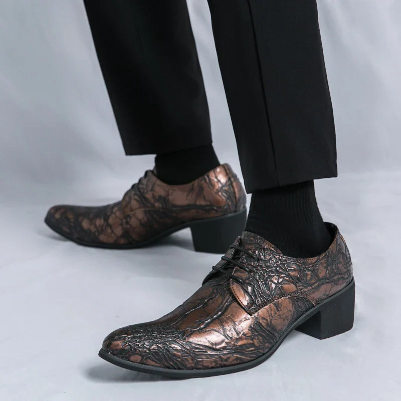 Men High Heeled Lace Up Derby Shoes PU Embossed Fashionable  Comfortable Business Formal Banquet Men Shoes