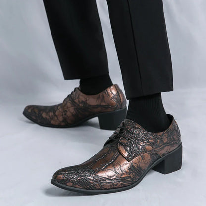 Men High Heeled Lace Up Derby Shoes PU Embossed Fashionable  Comfortable Business Formal Banquet Men Shoes