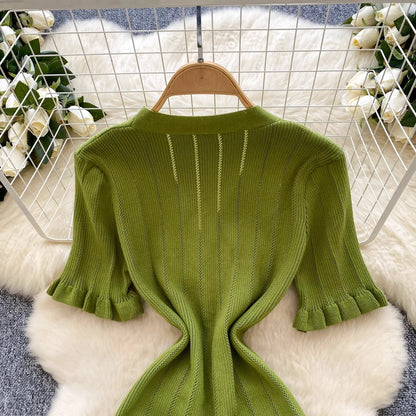 Fashion Vintage Knitted Long Dress Spring Summer Women Elegant V-neck Ruffled Bodycon Sweater Dress Party Vestido