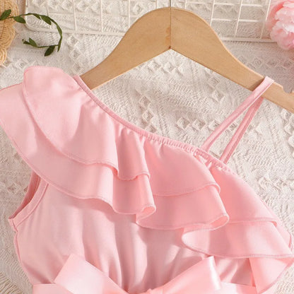 Girls Baby England Style Dresses Kids Lotus Leaf Sloping Shoulder Suspender A-line Skirt Summer Children Fashion Party Clothes