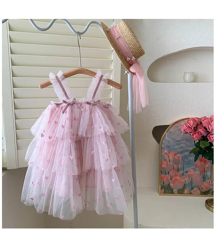 New Summer Baby Girls Party Dress Sleeveless Spaghetti Strap Love Heart Layered Princess Dresses for 3-7Year Old Kids E2310