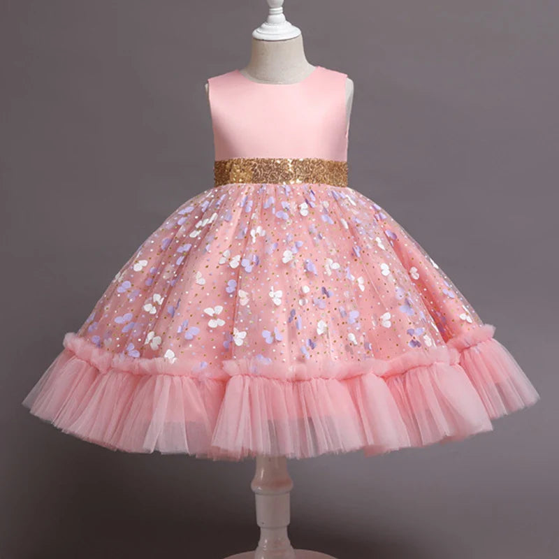 New Baby Kids Girls Elegant Printed Butterfly Flower Princess Party Tutu Dresses Children Sequins Wedding Evening Girl Clothes