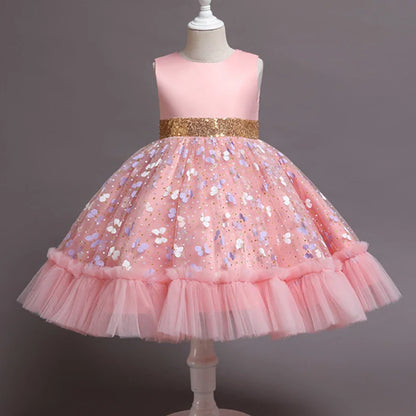 New Baby Kids Girls Elegant Printed Butterfly Flower Princess Party Tutu Dresses Children Sequins Wedding Evening Girl Clothes