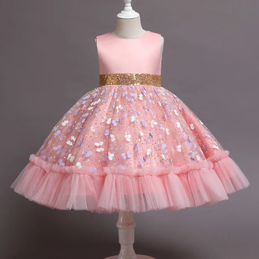 Vestidos Elegantes de Princesa com Estampa de Borboleta e Flores para Bebês, Meninas, Festas, Tutu, Lantejoulas, Casamento, Noite, Roupas Infantis
