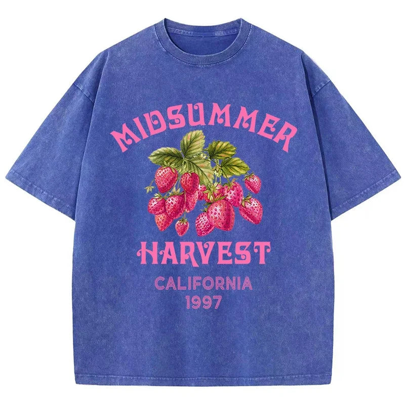 Men's Cotton T-shirt California Strawberry Printed Washed T-shirt Comfortable Round Neck Top Men's Summer Clothing