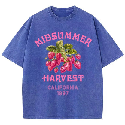 Men's Cotton T-shirt California Strawberry Printed Washed T-shirt Comfortable Round Neck Top Men's Summer Clothing
