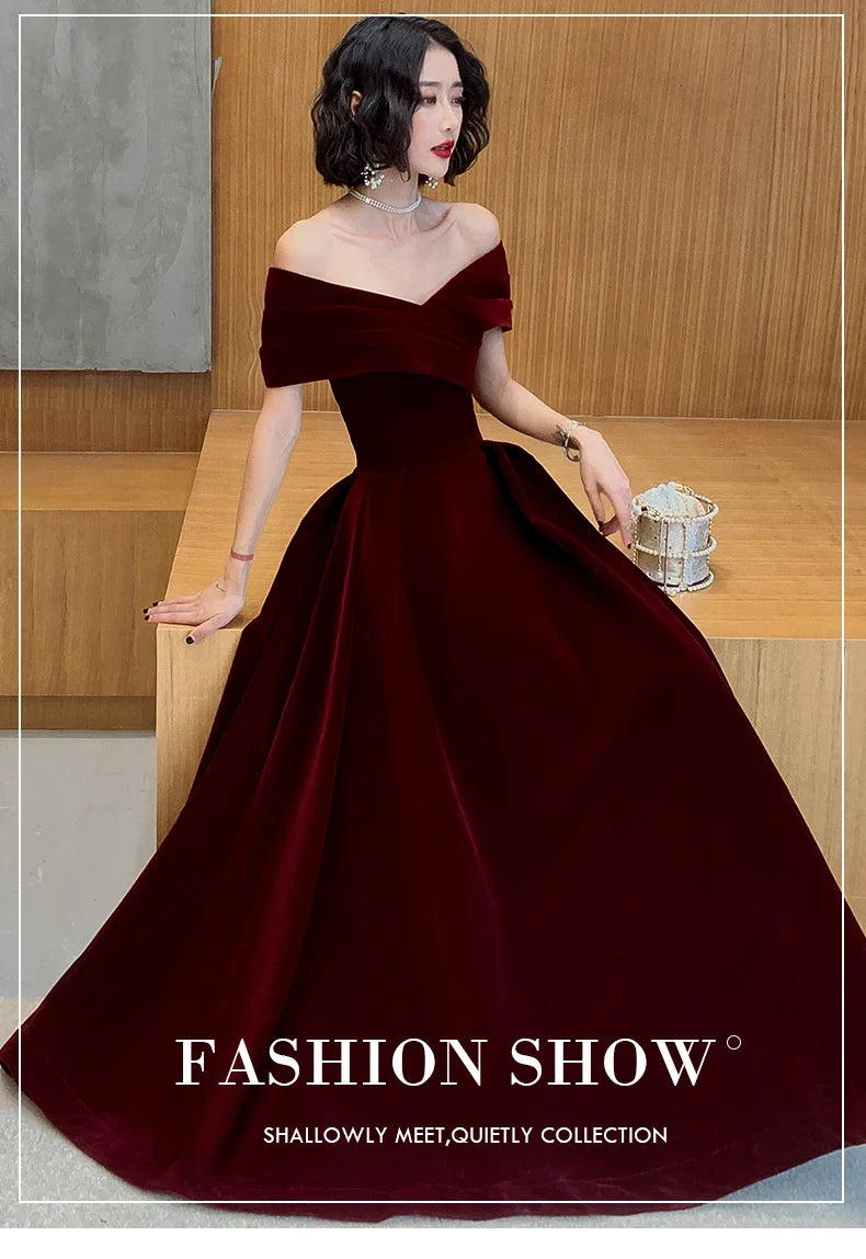 Spring Long Luxury Elegant Wine Red Soft Velvet Evening Party Wedding Dresses for Women 2022 Off Shoulder Maxi Dress