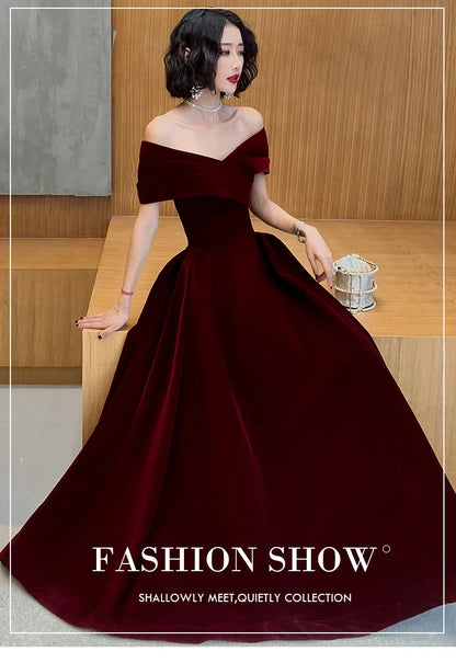 Spring Long Luxury Elegant Wine Red Soft Velvet Evening Party Wedding Dresses for Women 2022 Off Shoulder Maxi Dress