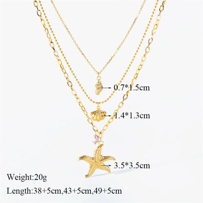 Women's 316L Stainless Steel Starfish Conch Shell Pearl Pendant Necklace 3-in-1 Choker Chain Jewelry Gift