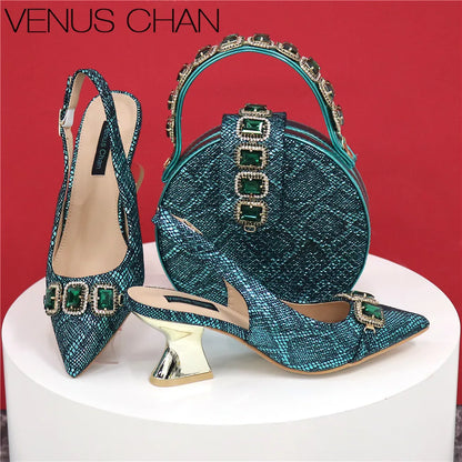 Ladies High Quality Women's Pumps And Bag Italian Fashion Design Dark Green Color Bag For Nigeria Wedding Party