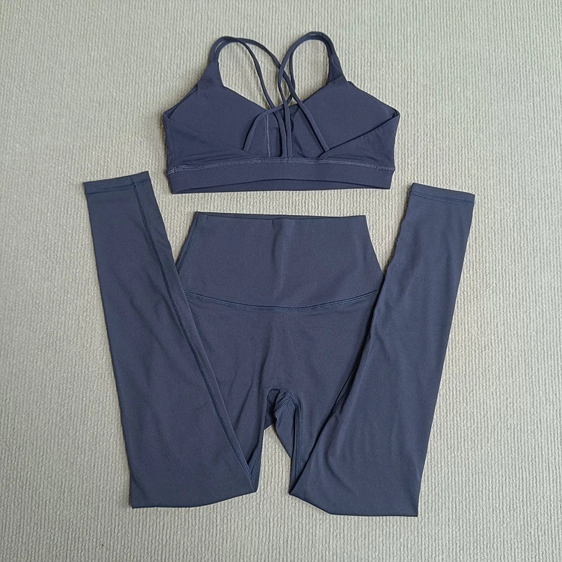 2 Pcs Women's Gym Tights Yoga Sports Set High Waist Leggings Cross Back Bra Top Fitness Running Workout Tracksuit
