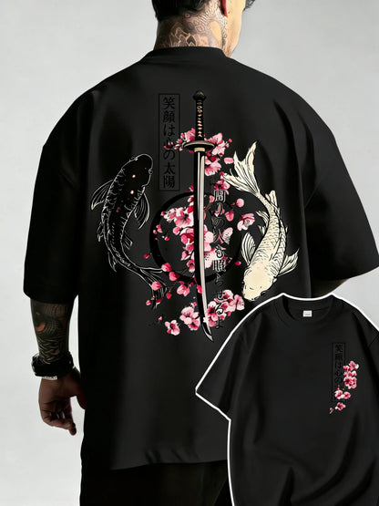Summer Hot Japanese Yin Yang Koi Fish & Samurai Sword Pattern Cotton Men’s T-Shirt Short Sleeve Tees Casual Oversized Unisex Top