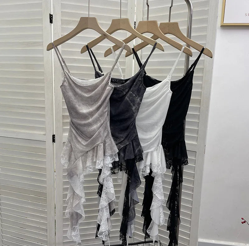 Summer Y2K Camisole for Women Casual Spaghetti Straps Double Layers Lace Stretch Mesh Patchwork Asymmetrical Slim Tops