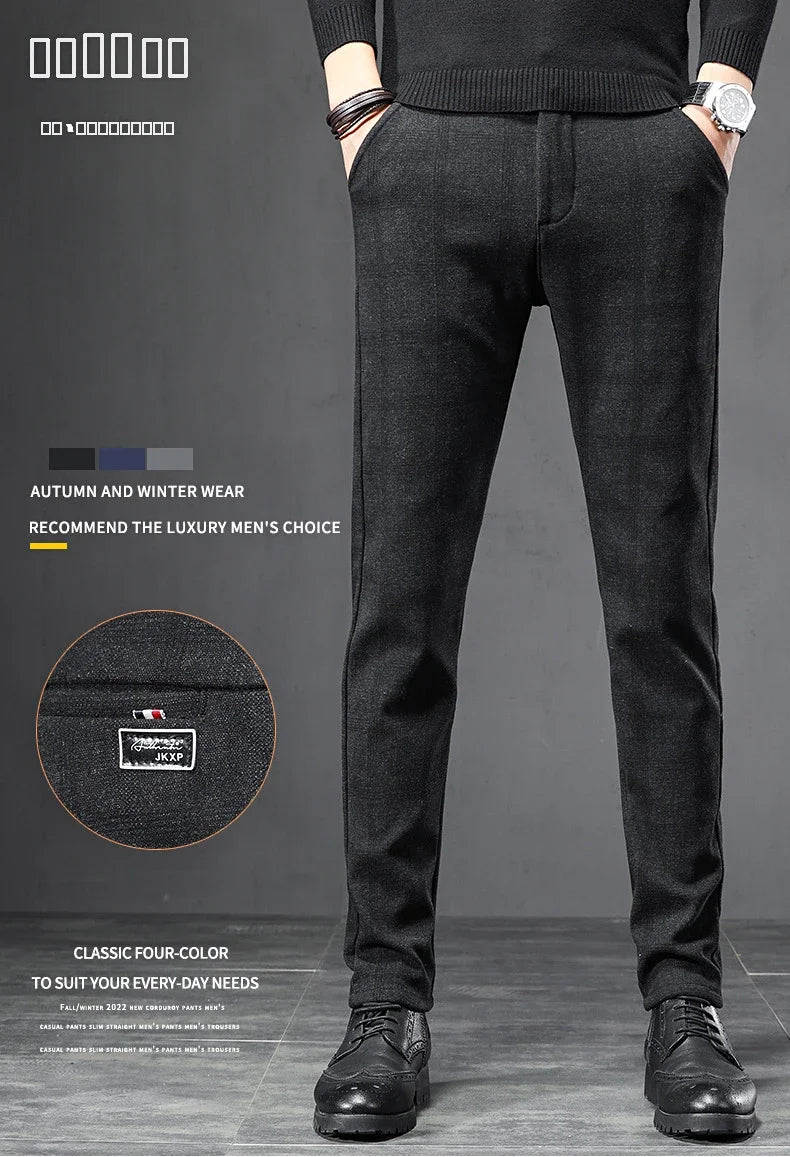 Autumn Men's Brushed Plaid Casual Pants Korean Style Gray Elastic Straight Slim Fit Fashionable Work Pants Blue and Black Male