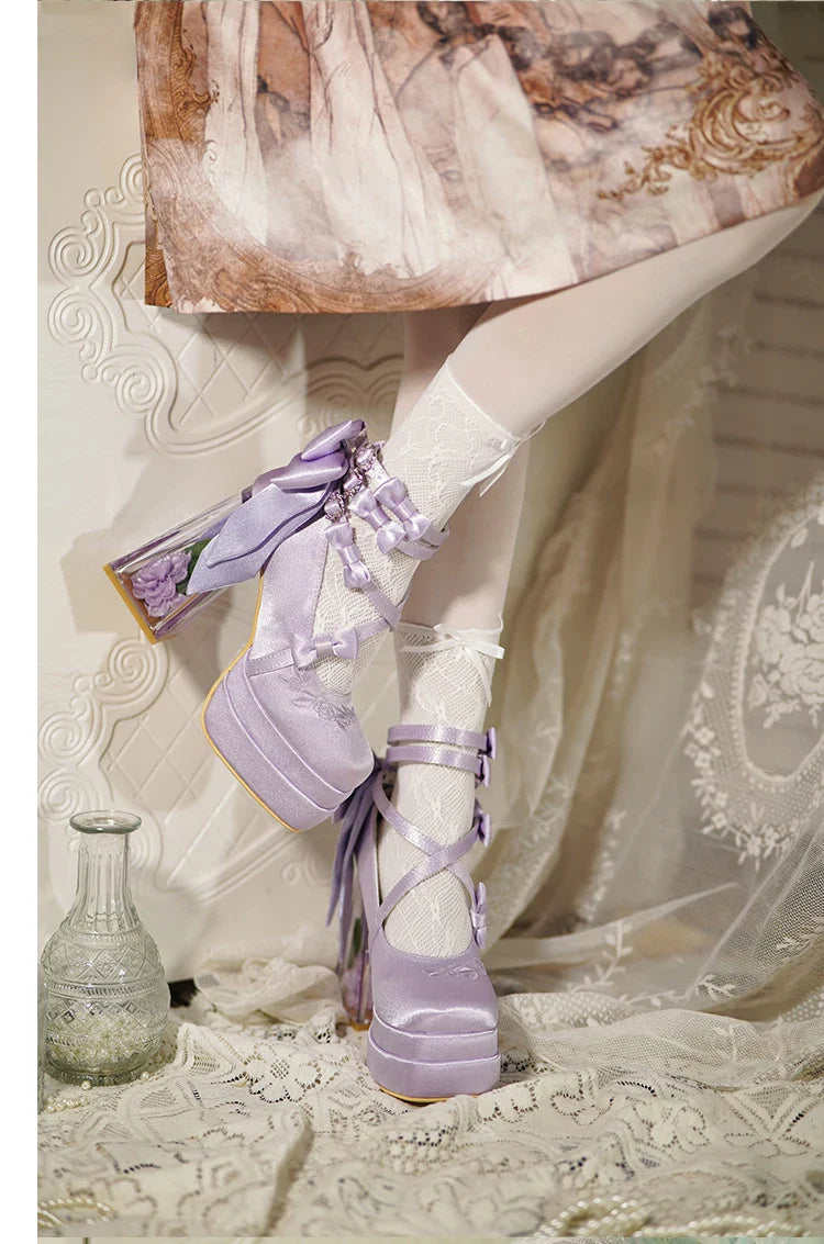 Original Lolita Red High Heels Women's Sweet Elegant Bow Velvet Mary Jane Shoes Ladies Birthday Party Cos Platform Shoes Spring